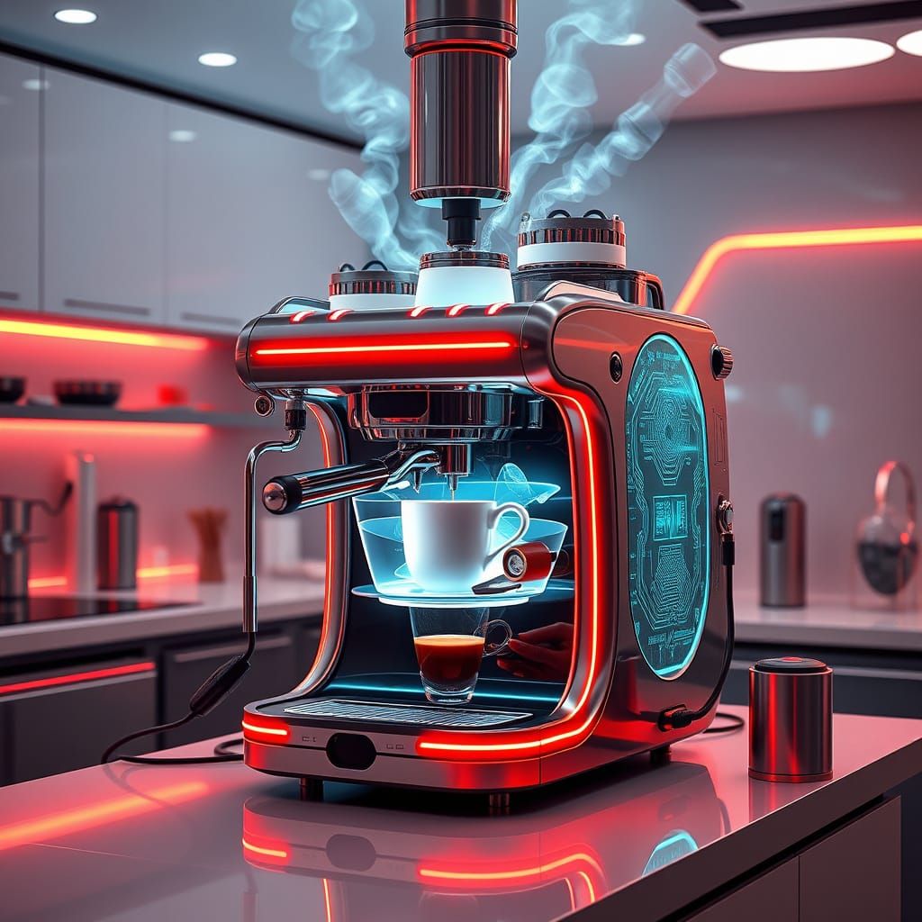 Futuristic Coffee Machine in Neon Kitchen