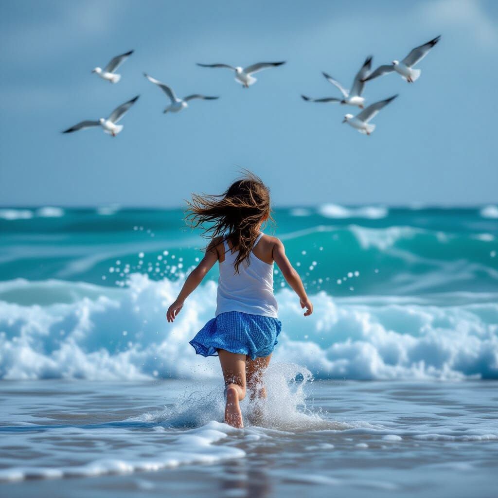 Girl Running into Emerald Green Sea Photograph