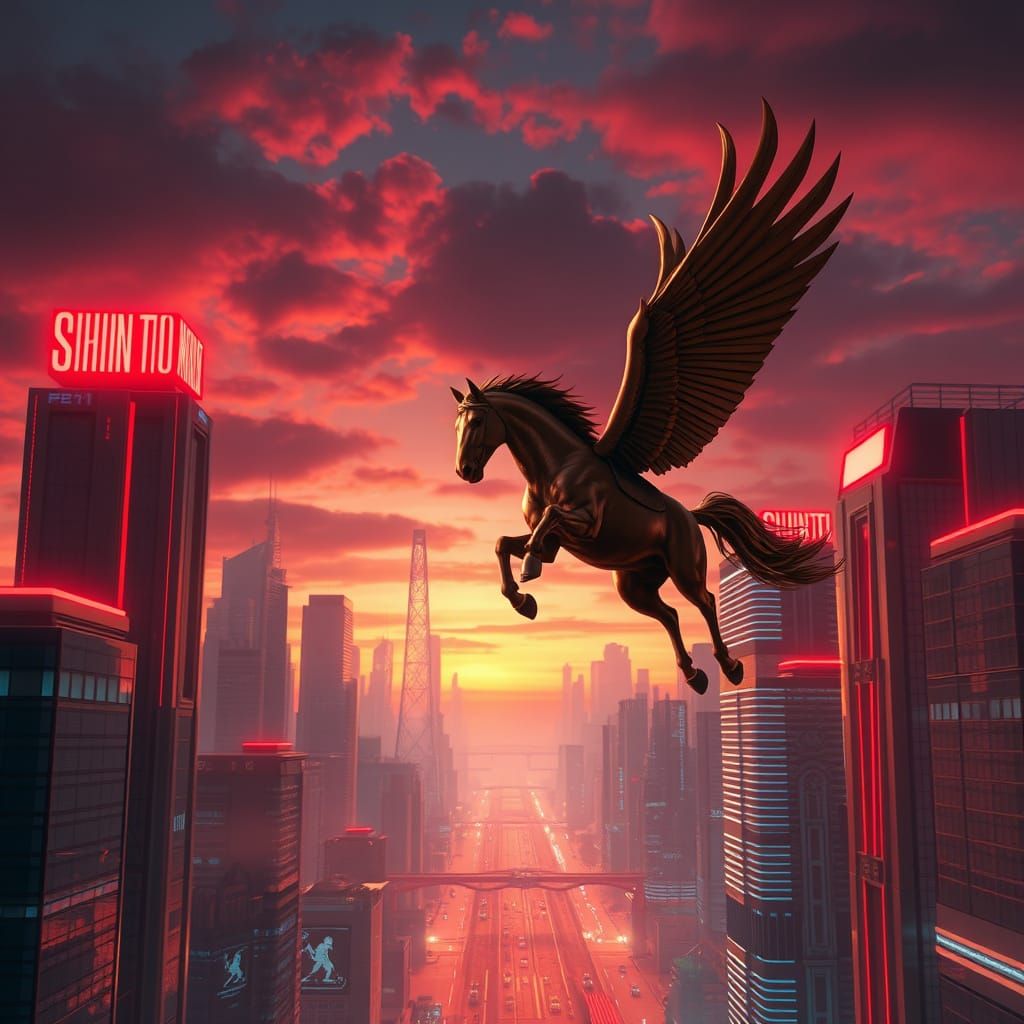 Majestic Brown Winged Horse Soars Through Futuristic City