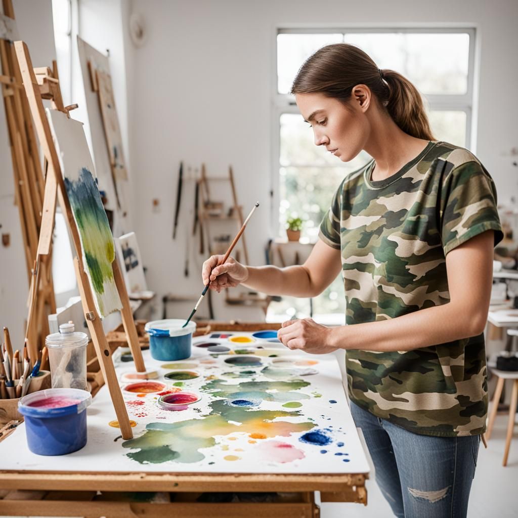 Woman Painting Watercolour in Camouflage T-Shirt