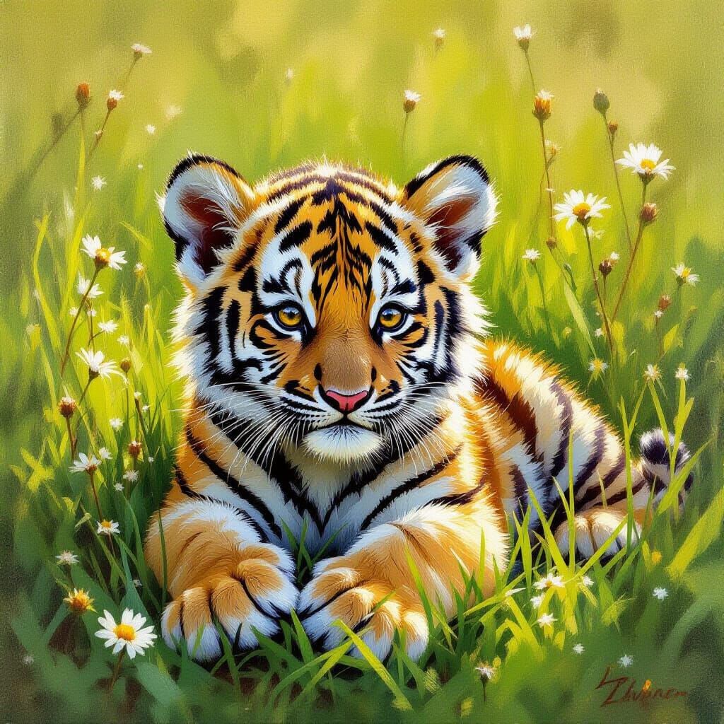Tiger Cub Resting in Sunlit Meadow Oil Painting
