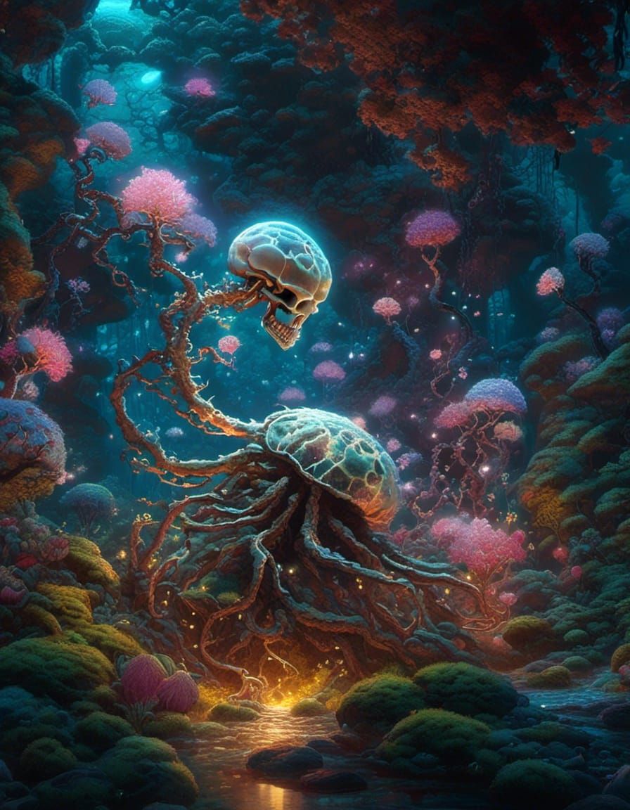 Bioluminescent Skeleton in Transparent Glass, Sci-Fi Art