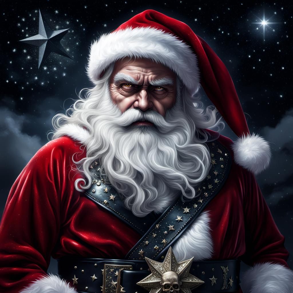 Sinister Santa Stands Amidst Dark, Starry Night