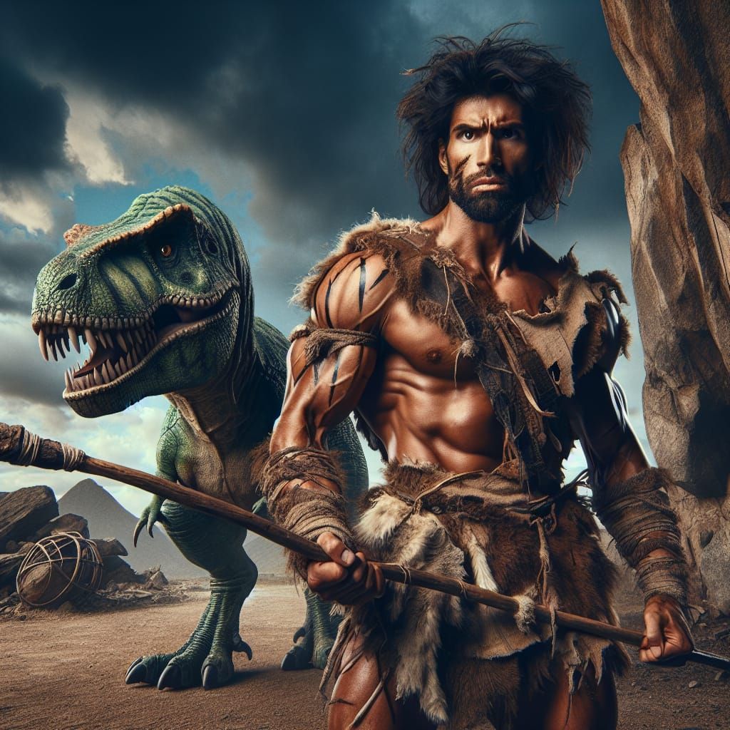 Caveman and Tyrannosaurus Rex in Prehistoric Landscape