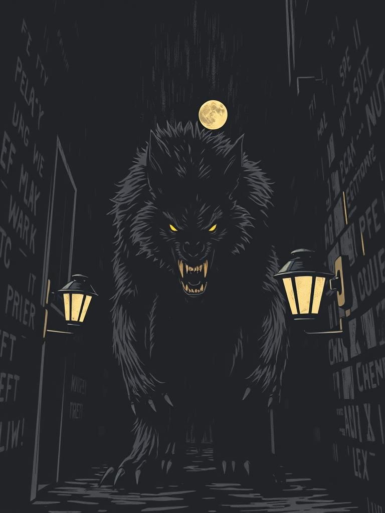 Menacing Werewolf Stalks from Dark Alley: Woodcut