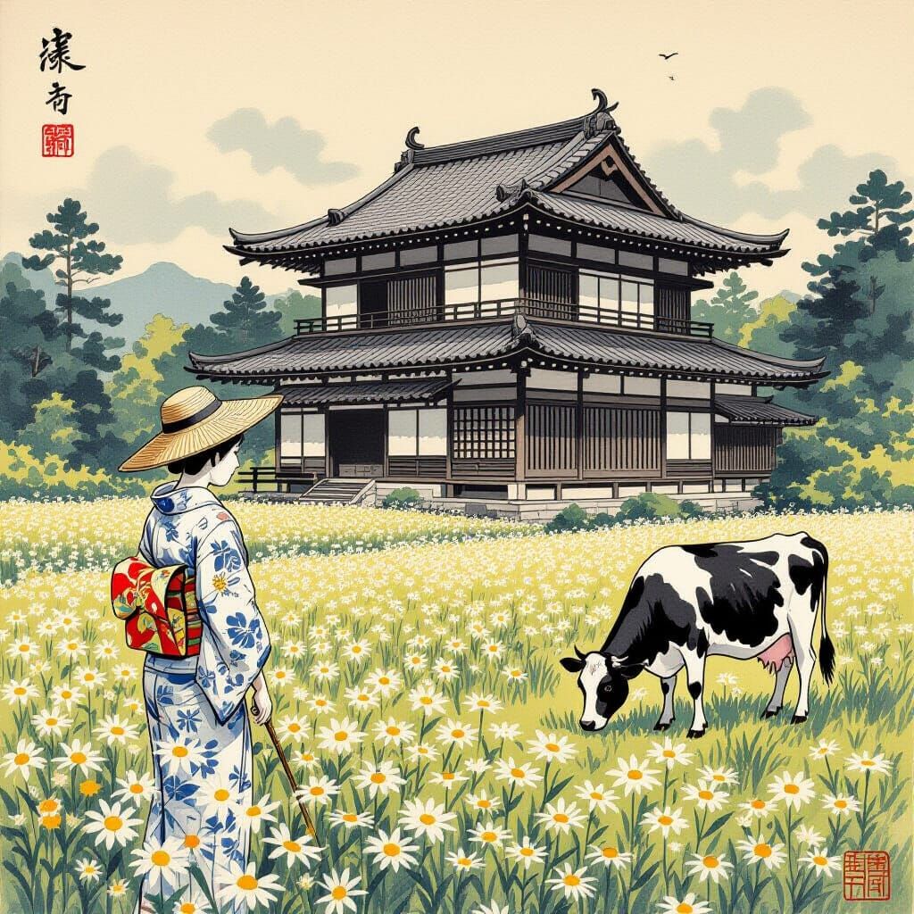 Japanese Farmhouse Surrounded by Daisies in Ukiyo-e Style