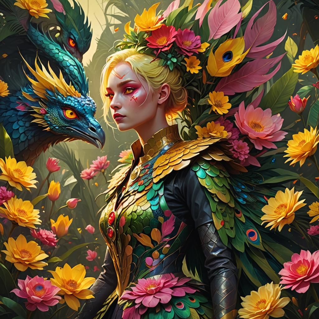 Cyber Fantasy Dragon Peacock Woman in Bloom