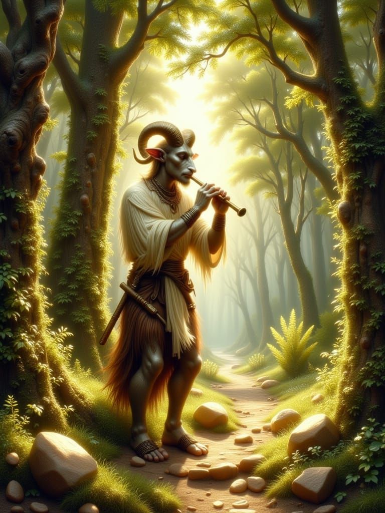 Whimsical Satyr Playing Flute in Sun-Dappled Forest