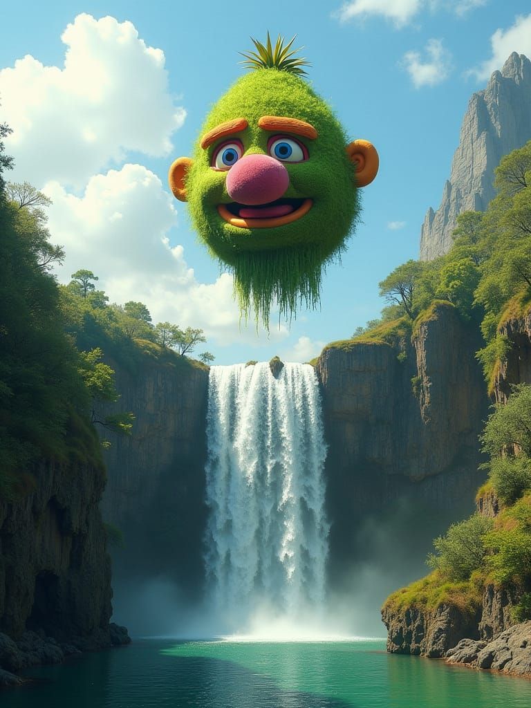Floating Muppet Head in Surreal Landscape