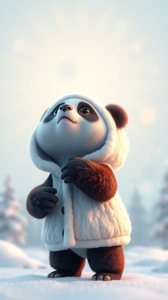 Surreal Winter Wonderland with Adorable Baby Panda in 3D Dig...