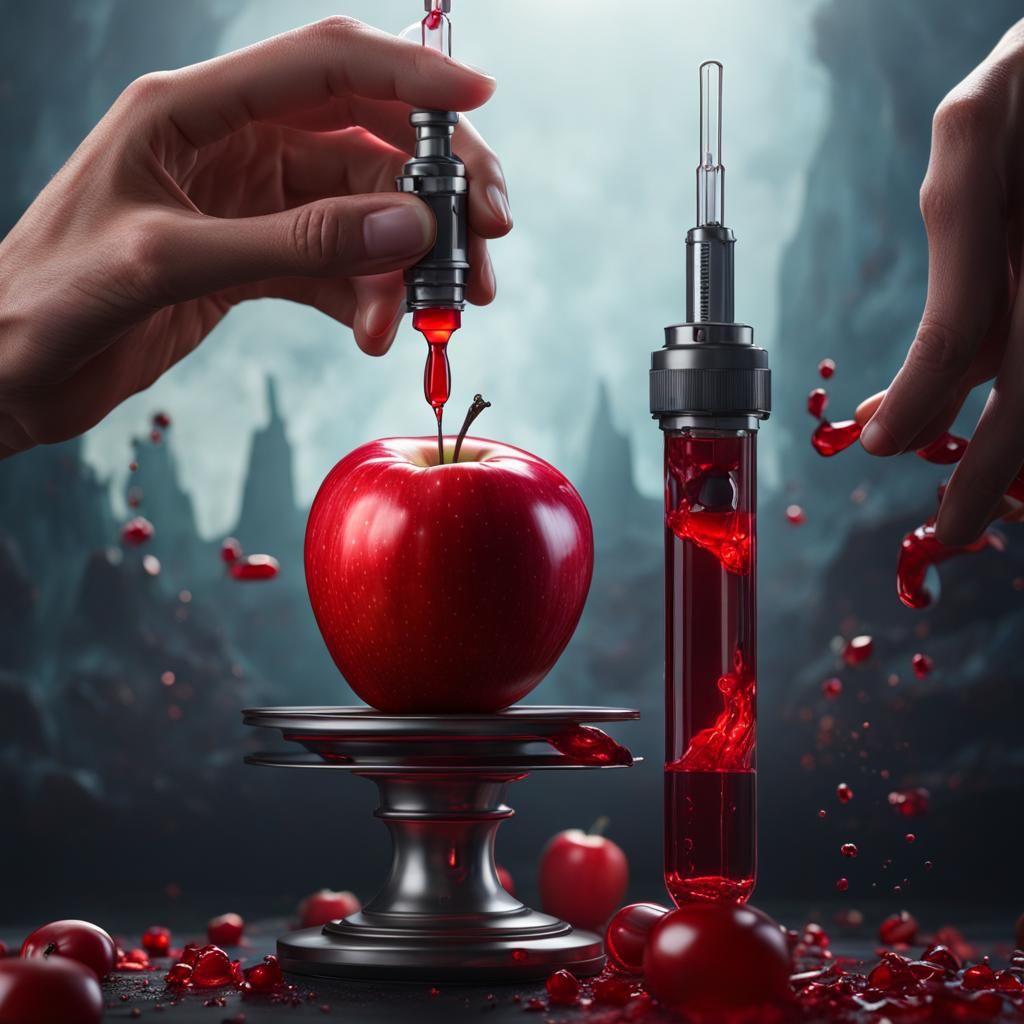 Syringe Injects Red Fluid into Apple: Detailed Art
