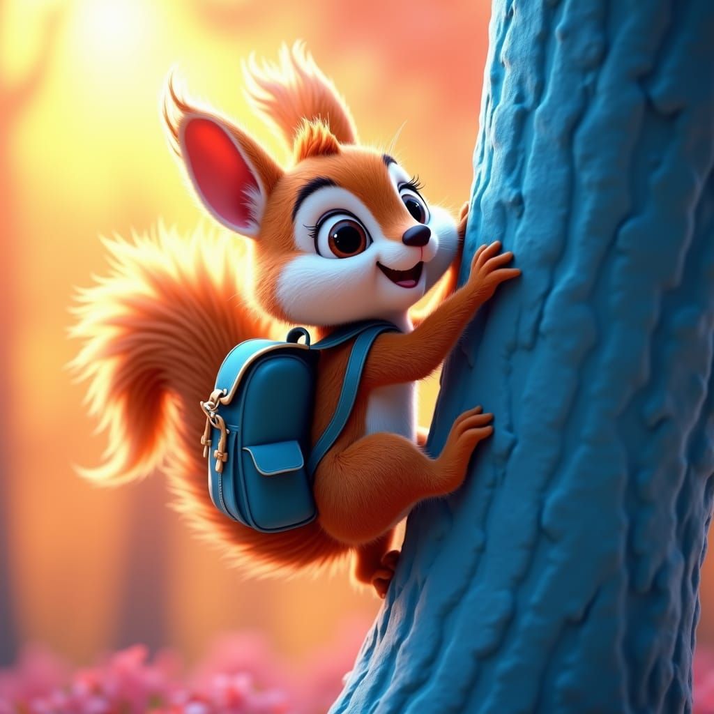 Fluffy Squirrel Climbing Electric Blue Tree