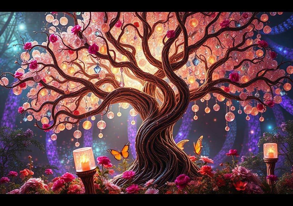Glass Dream Tree in Enchanted Forest: Digital Art