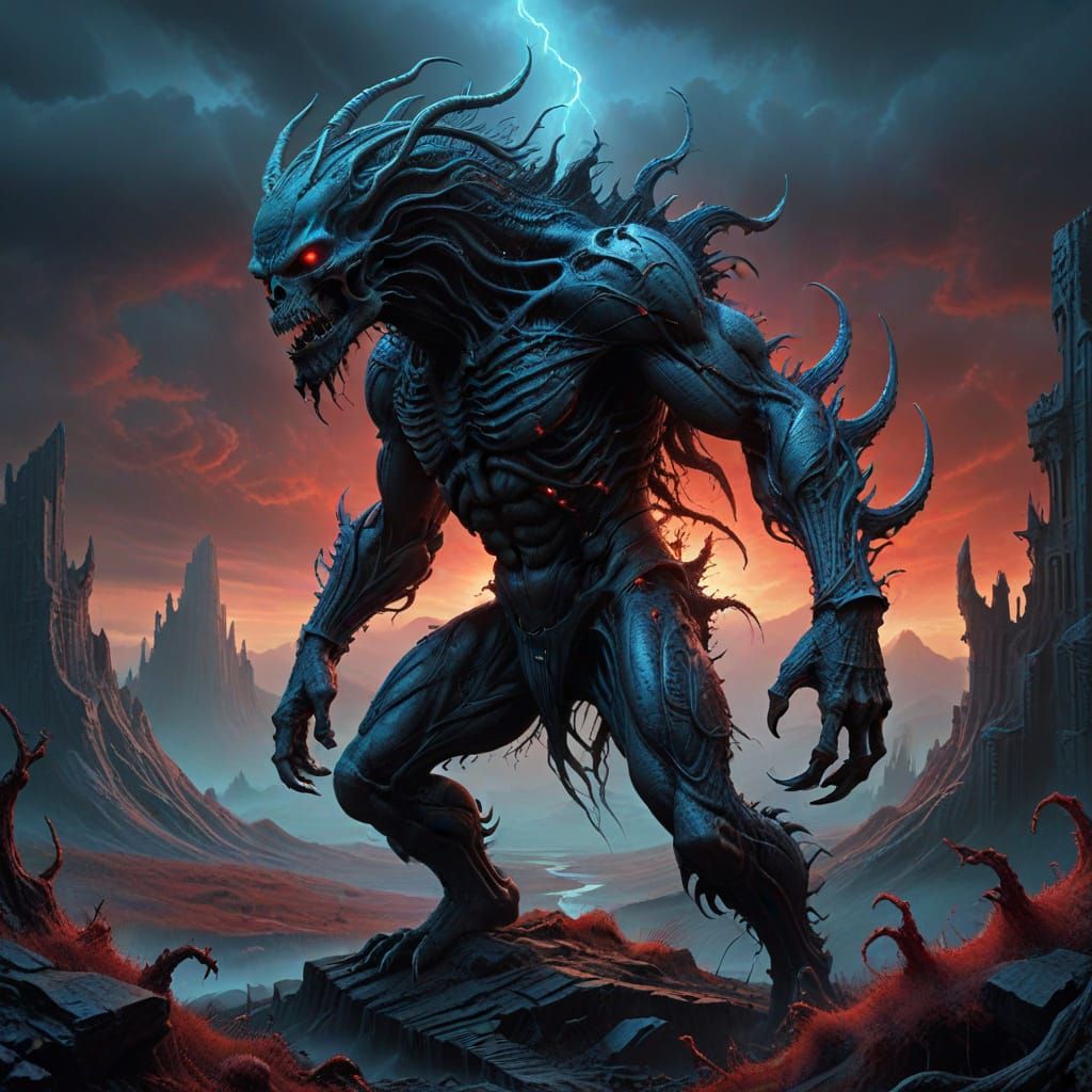 Cyberpunk Beast in Neon-Lit Dark Fantasy Landscape