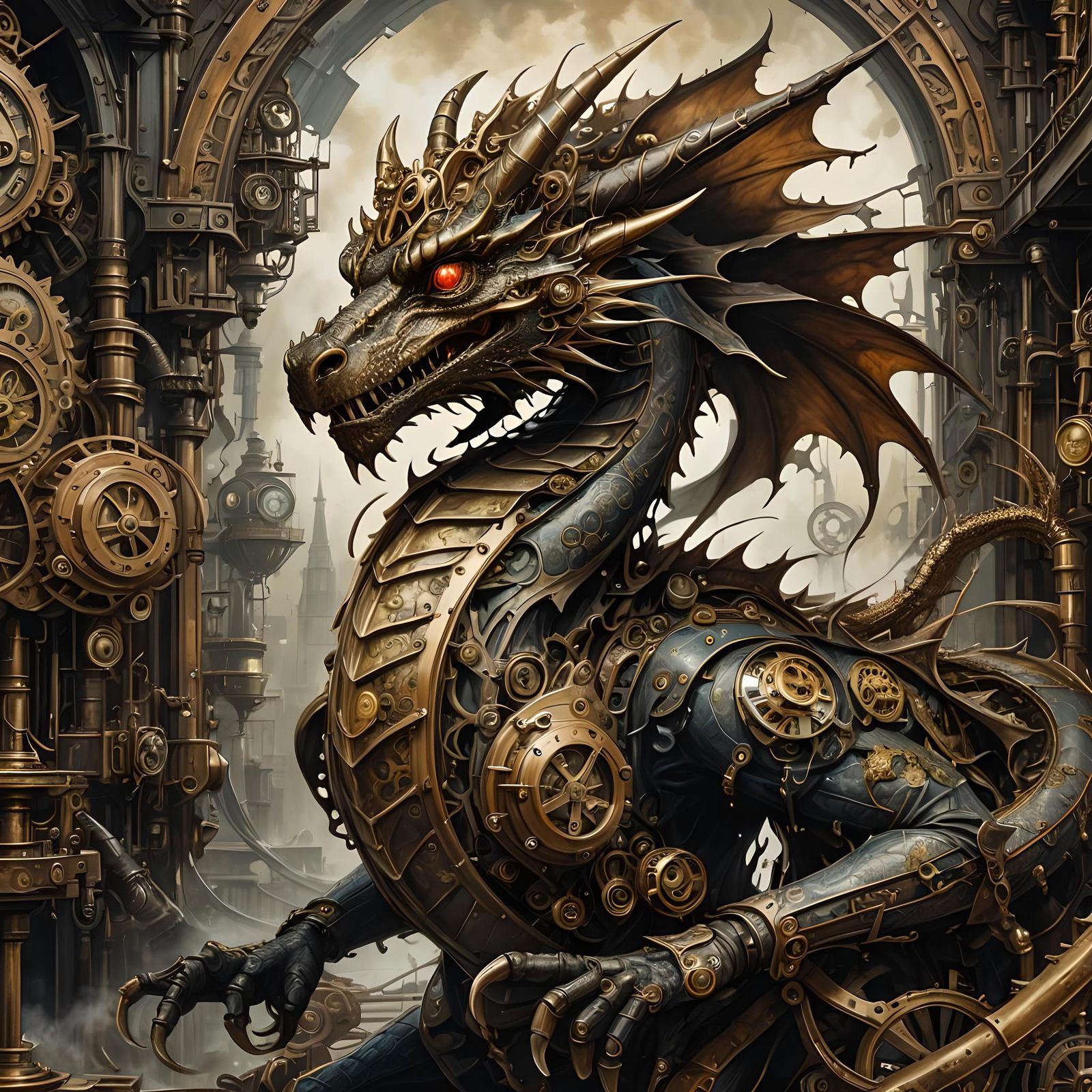 Intricate Steampunk Dragon in Detailed Gouache Painting