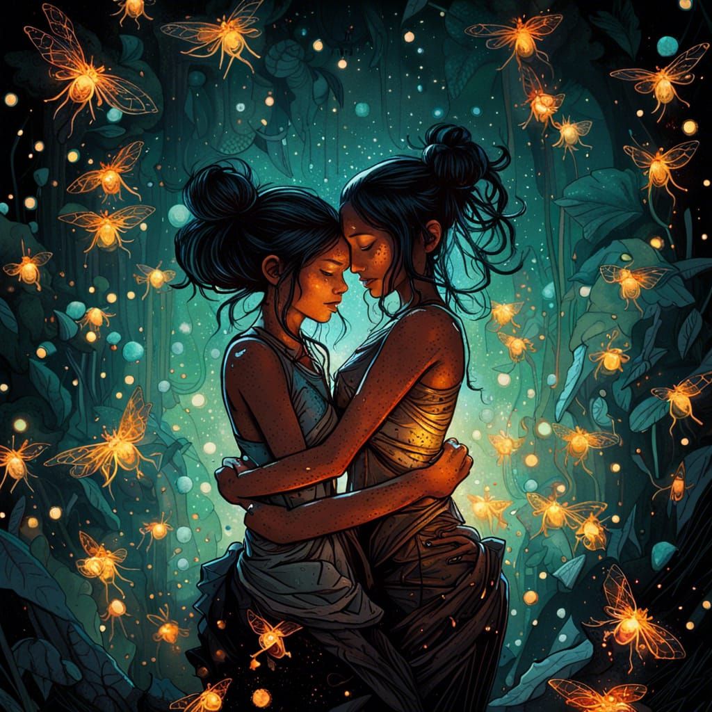 Ethnic Girl and Demon Embrace in Splash Art Style