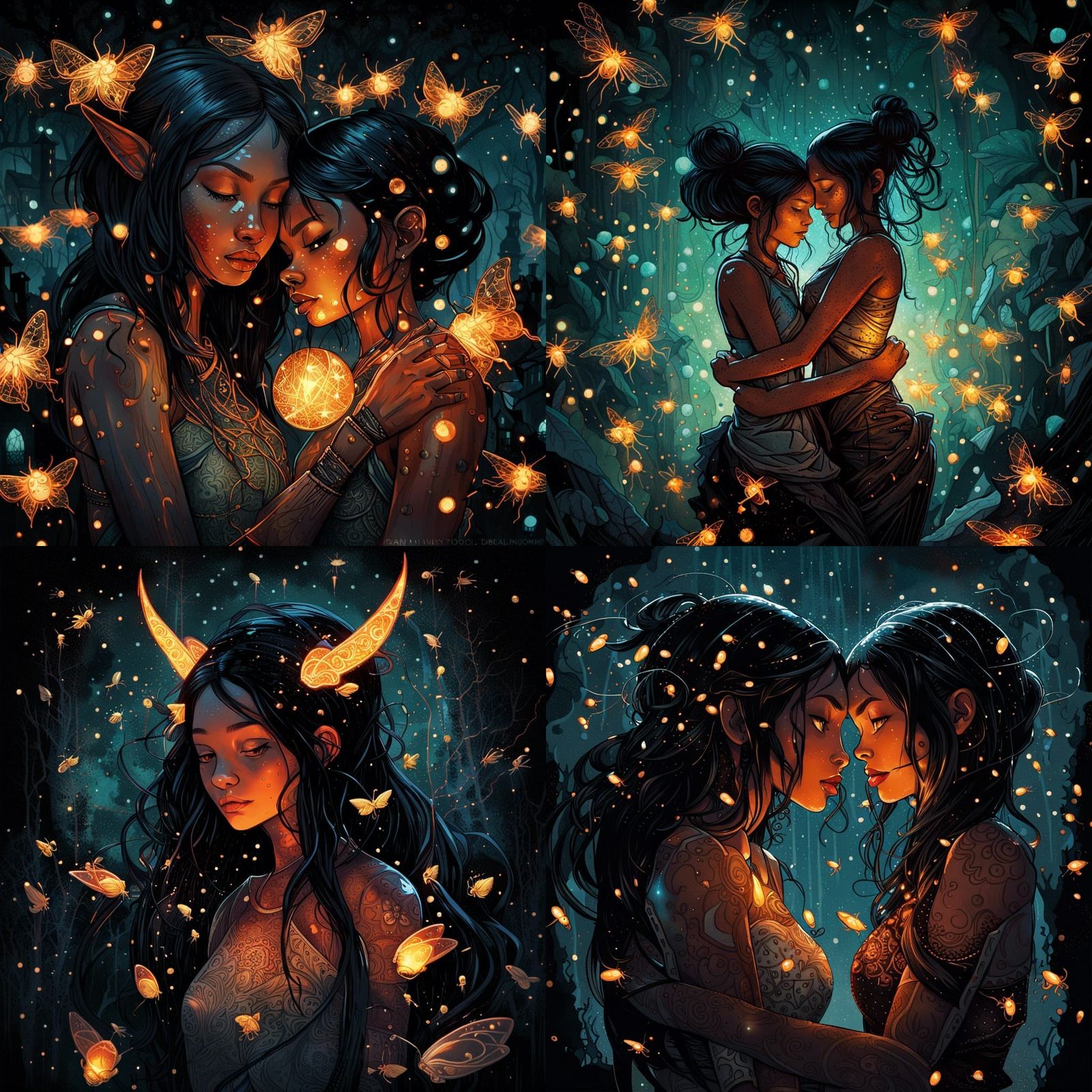 Ethnic Girl and Demon Embrace in Splash Art Style