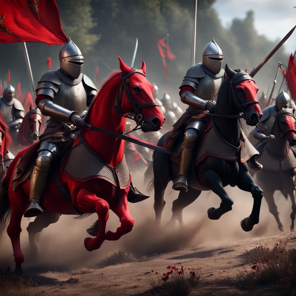 Medieval Knights Battle: Red Versus Black in Matte Painting