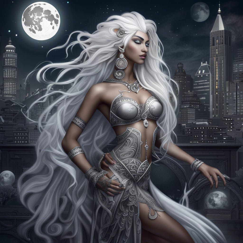 Moon Goddess with Silver Features in City Landscape