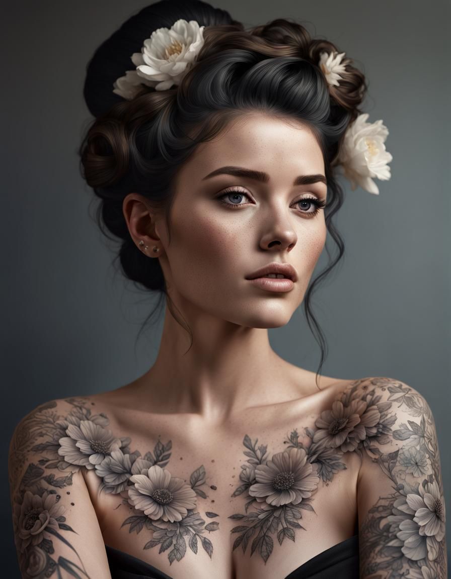 Brunette with Floral Updo: Hyperrealistic Portrait