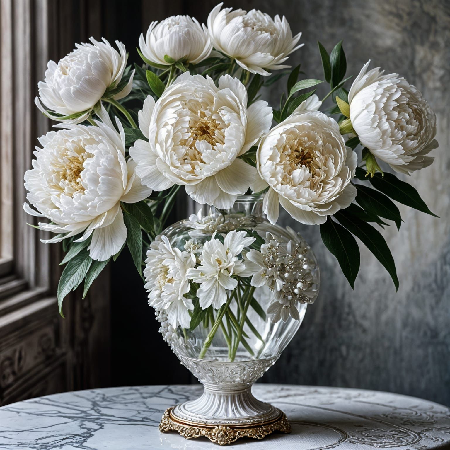Stunning White Peony Bouquet in Ornate Glass Vase