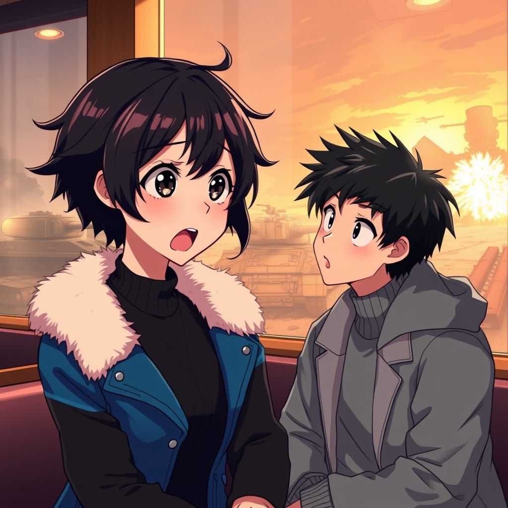 Anime Woman in Cozy Cafe, Surprised by War-Torn Memories