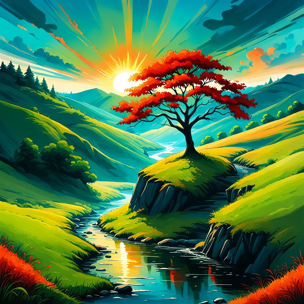 Vibrant Red Tree Sunset Landscape in Graffiti Art