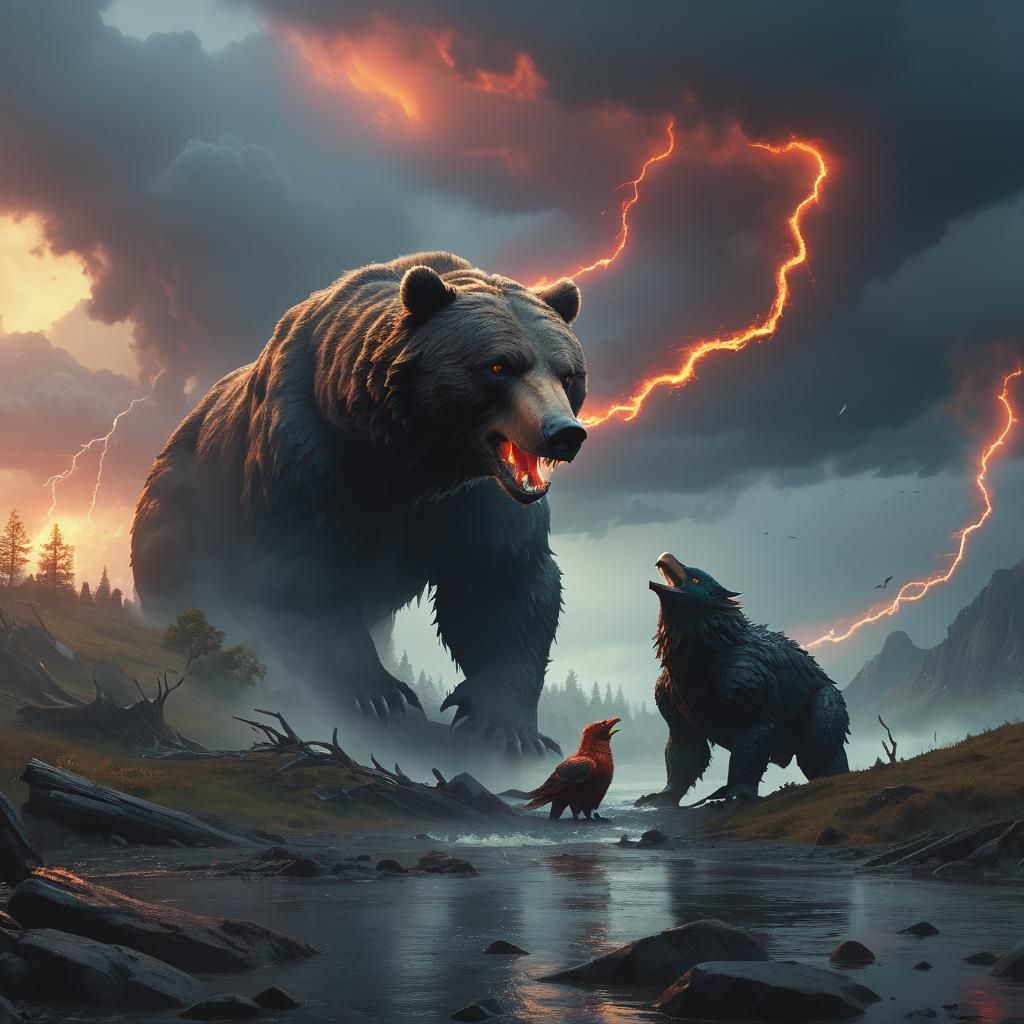 Elemental Animals Clash in Stormy Landscape