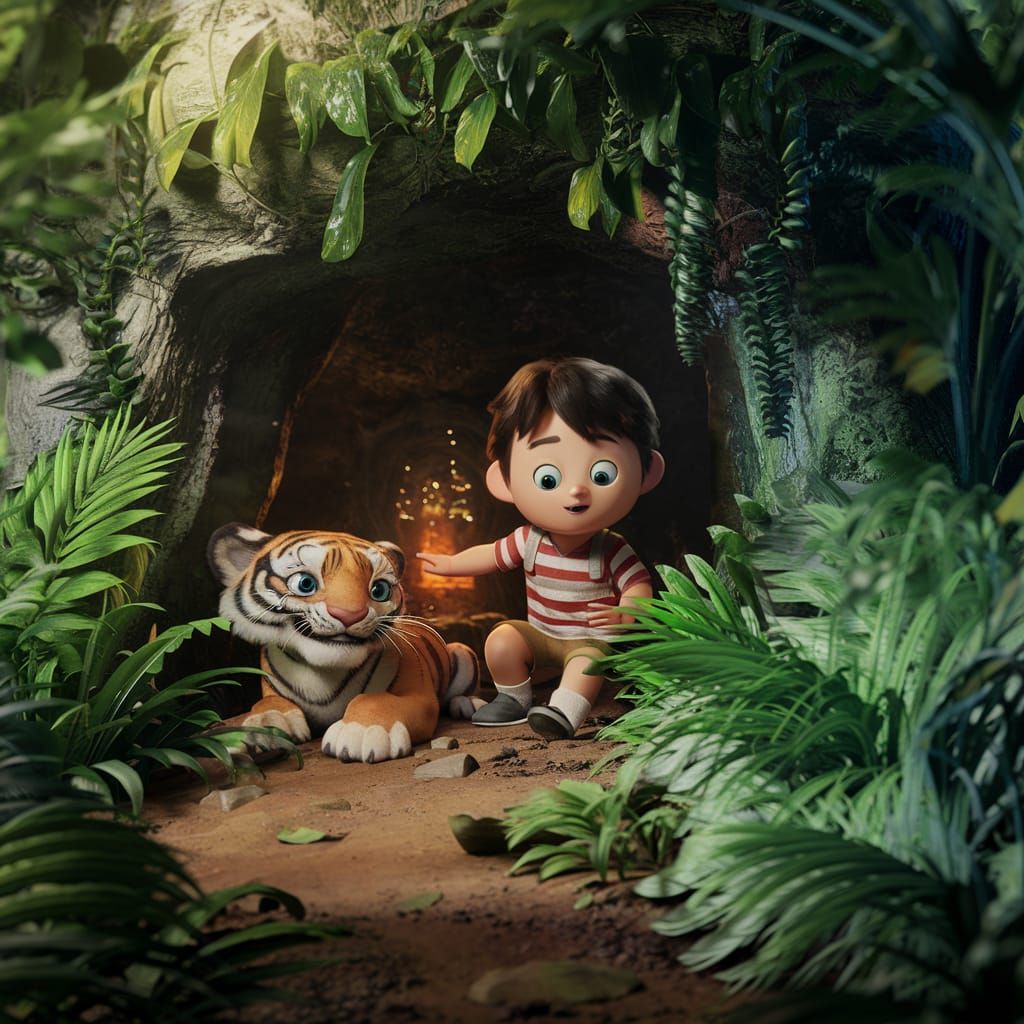 Boy Finds Tiger Den in Lush Jungle Art
