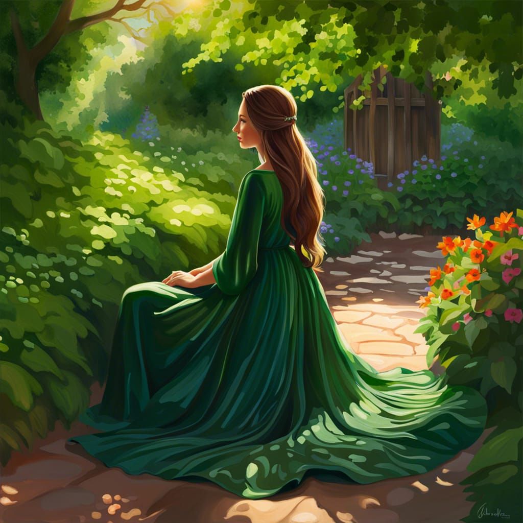 Solitary Woman in Lush Garden: Ethereal Digital Painting