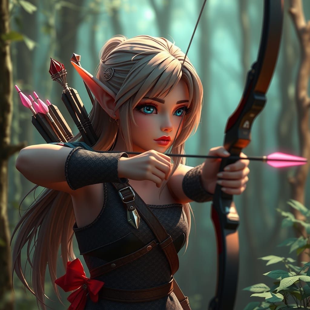 Synthwave Elf Hunter in Neon Forest