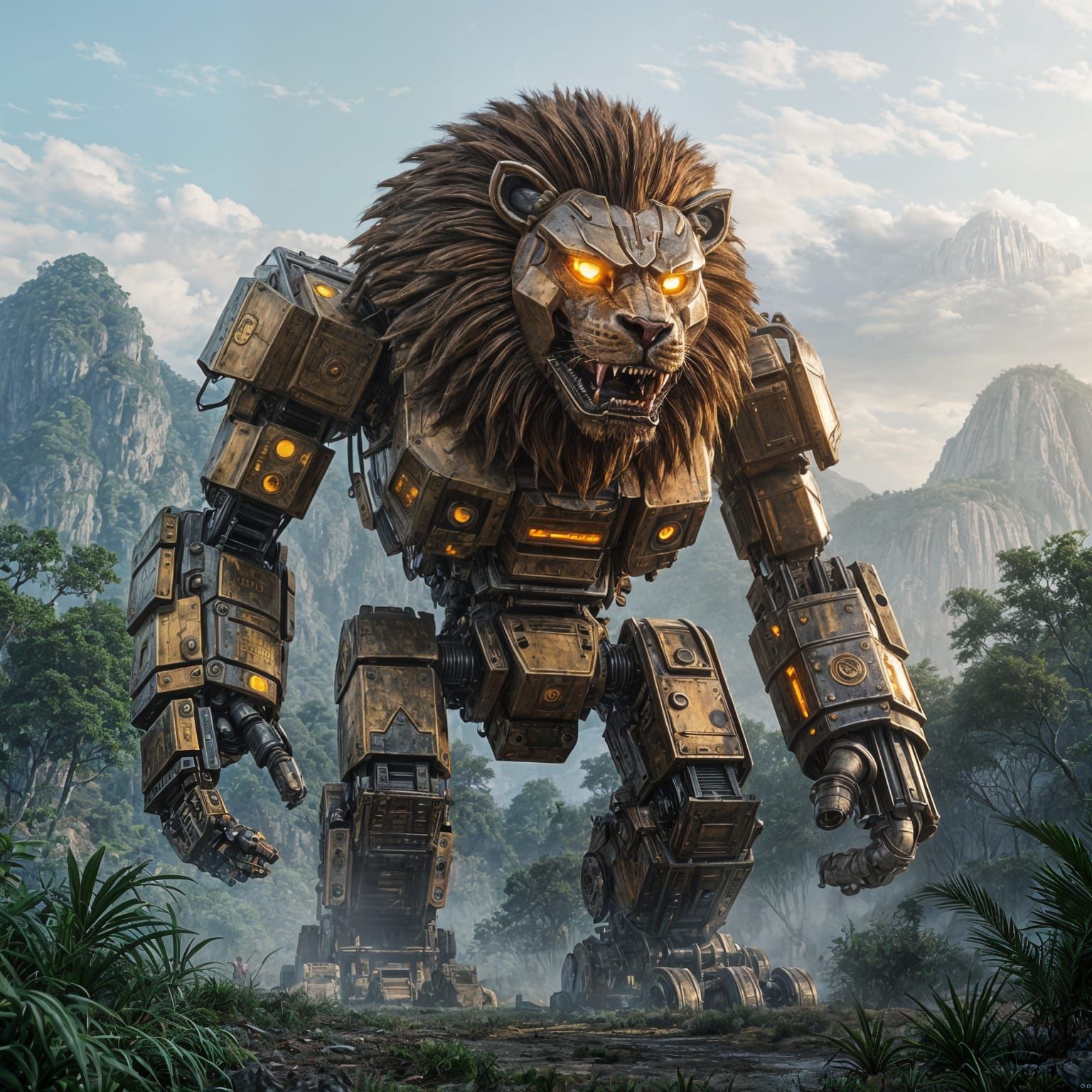Colossal Mechanical Lion War Machine in Misty Jungle