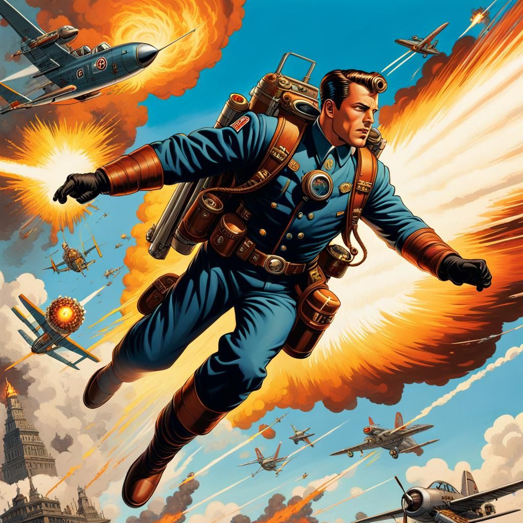 Steampunk Hero Flies Amidst War in Retro Sci-Fi Style