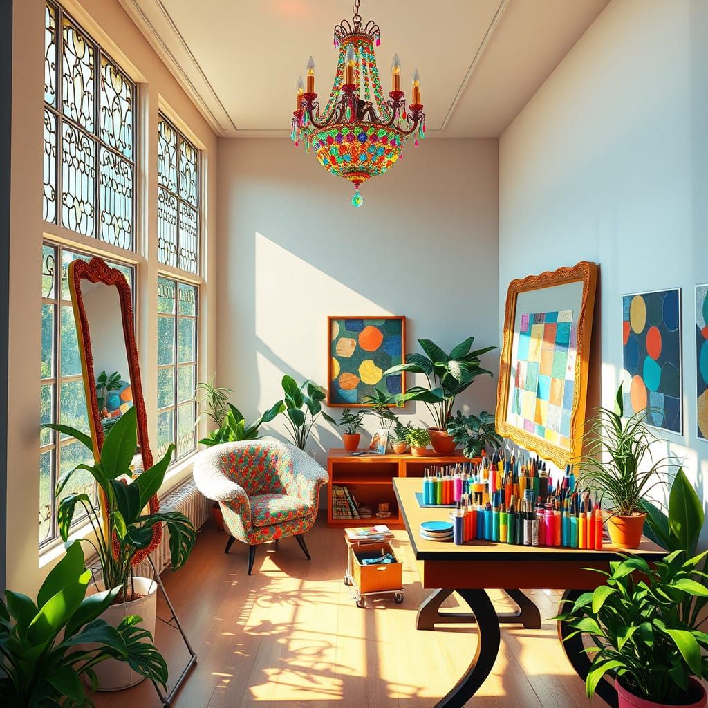 Vibrant 70s Art Studio Bathed in Rainbow Light