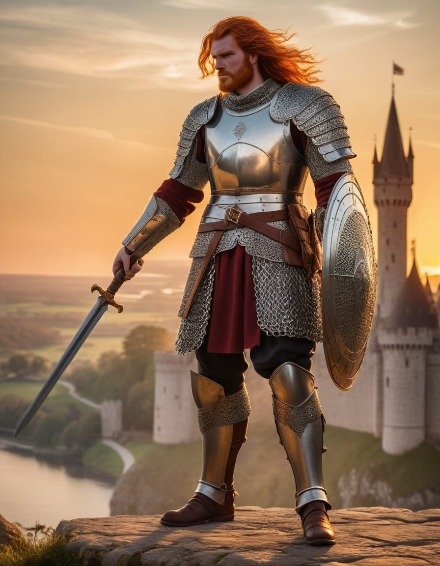 Red-Haired Guard at Sunset Before Majestic Castle