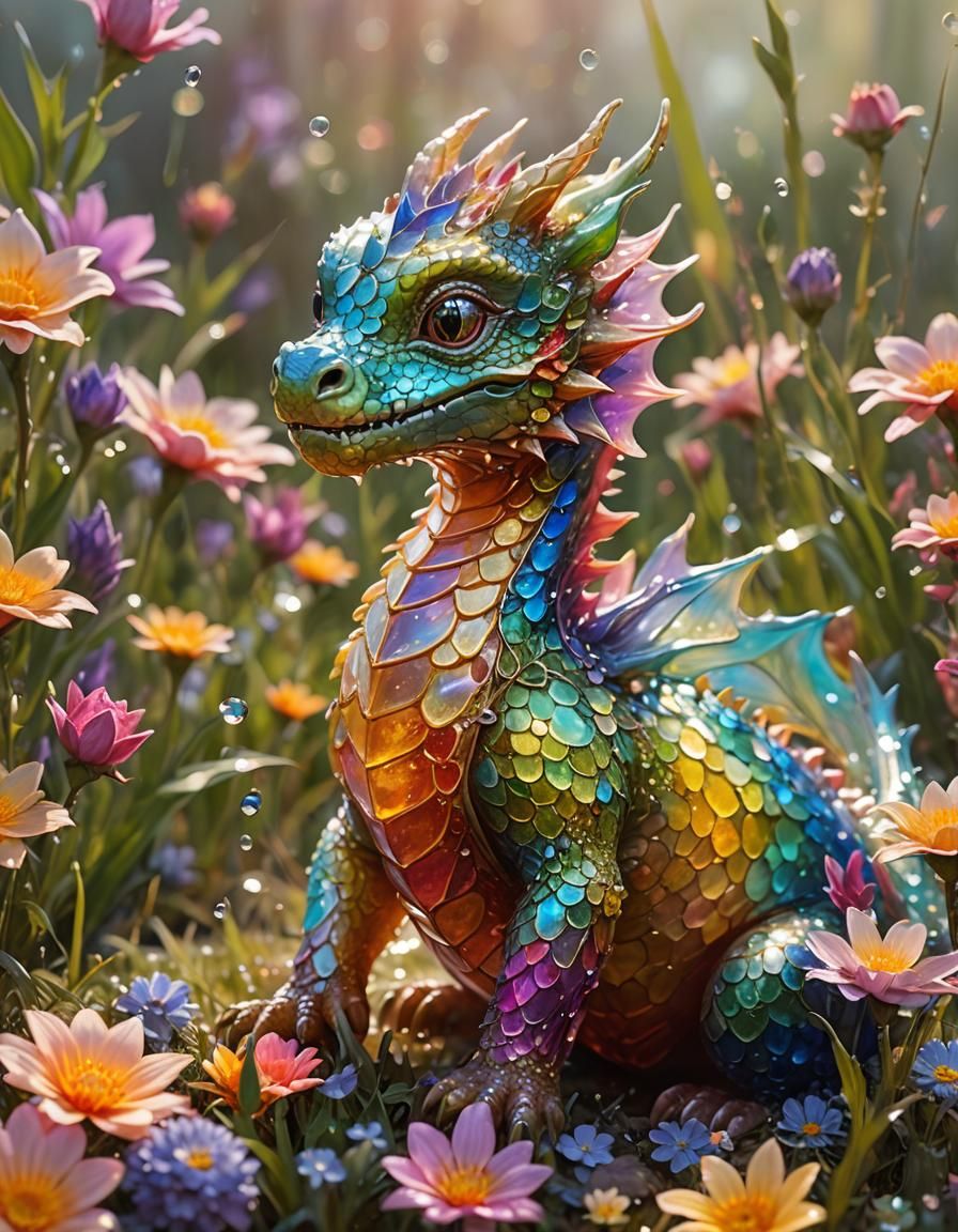 Dreamlike Multi-Colored Dragon in a Flower Field