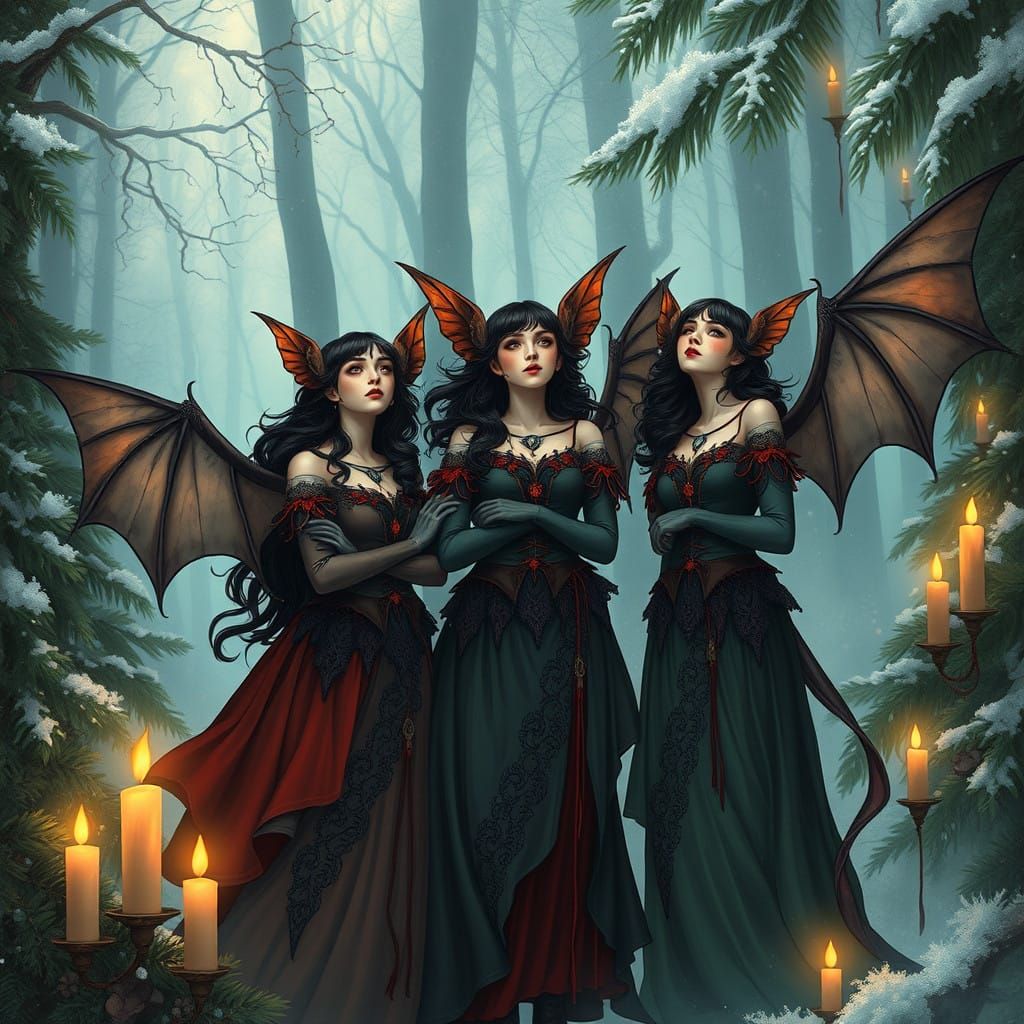 Mystical Forest Goddesses with Bat Wings Celebrate Winter So...