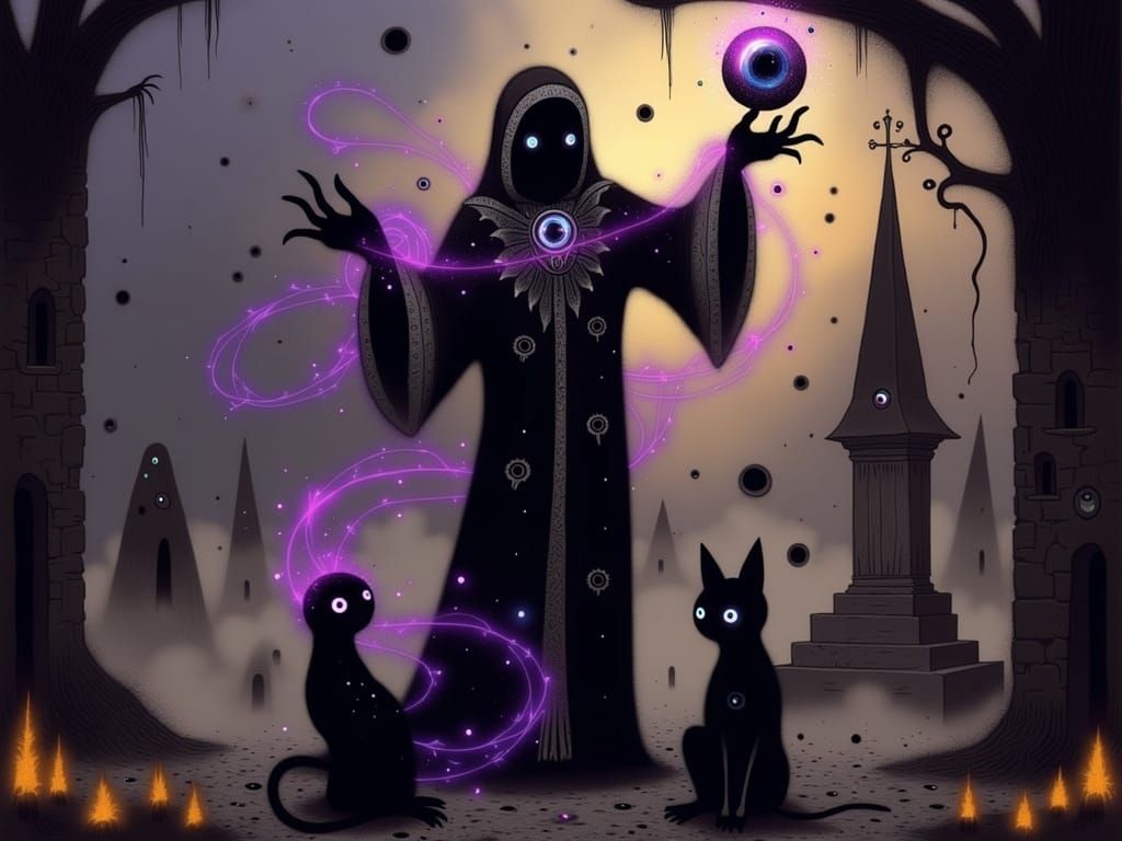 Ethereal Witch Casting Spell in Cemetery with Ghosts