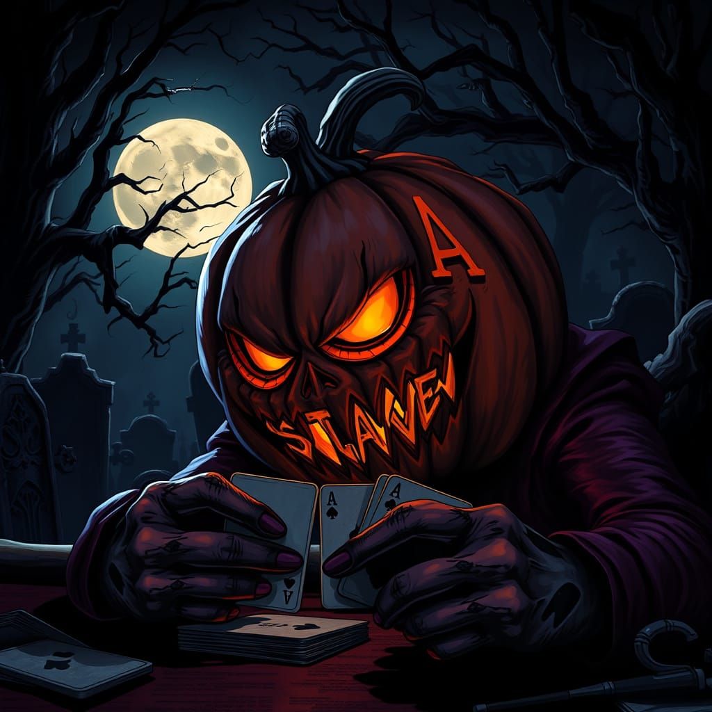 Menacing Halloween Pumpkin Plays Cards in Spooky Graveyard