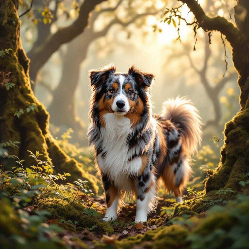 Australian Shepherd in Enchanted Forest, Realistic Style