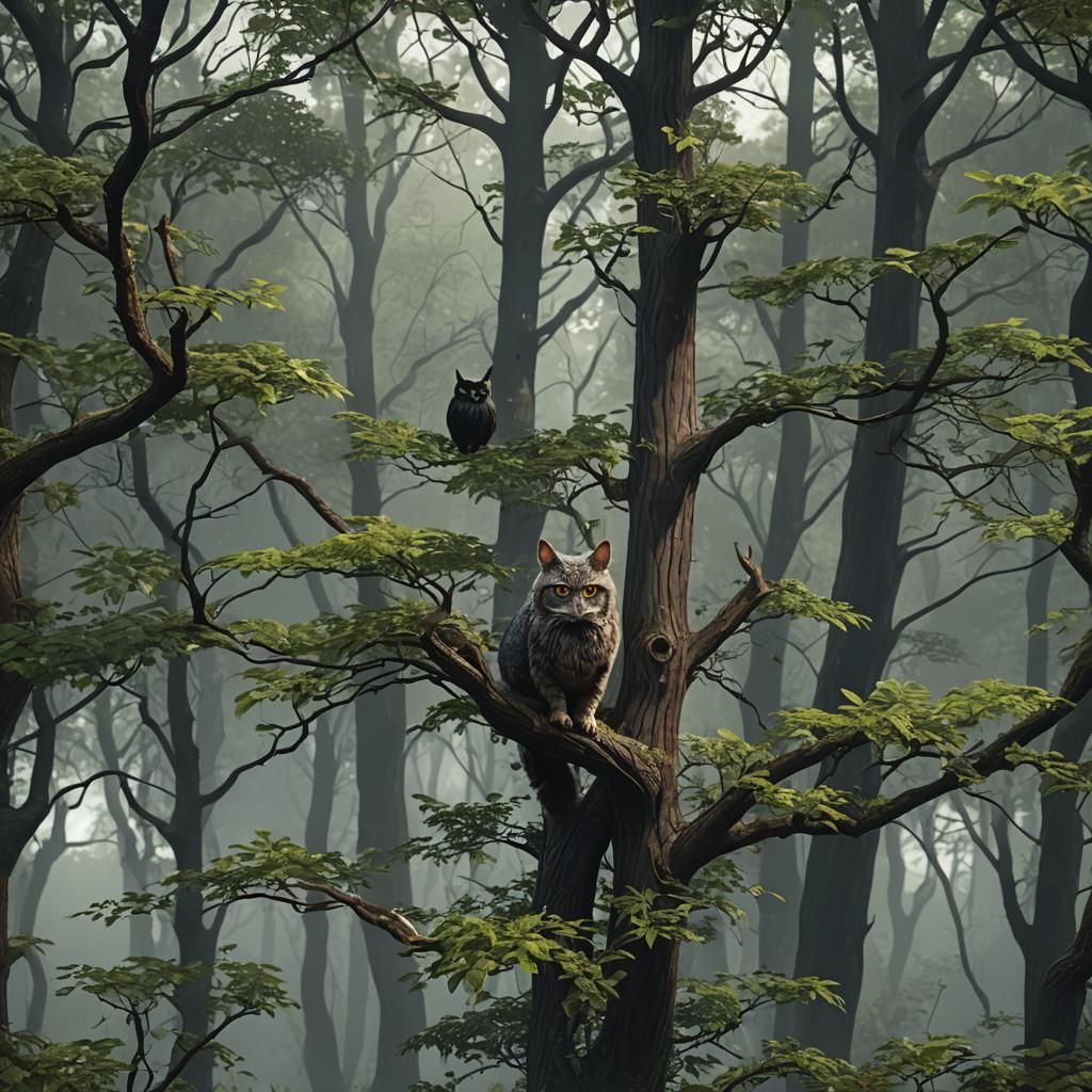 Spooky Forest Scene with Animals in Hyper-Realistic Style