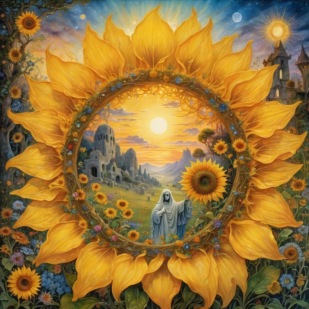 Ethereal Spirit with Sunflowers, in Art Nouveau Style