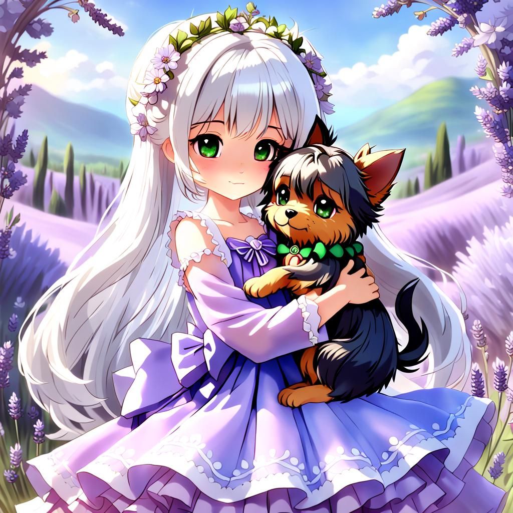 Anime Princess Hugging Yorkshire Terrier in 3D