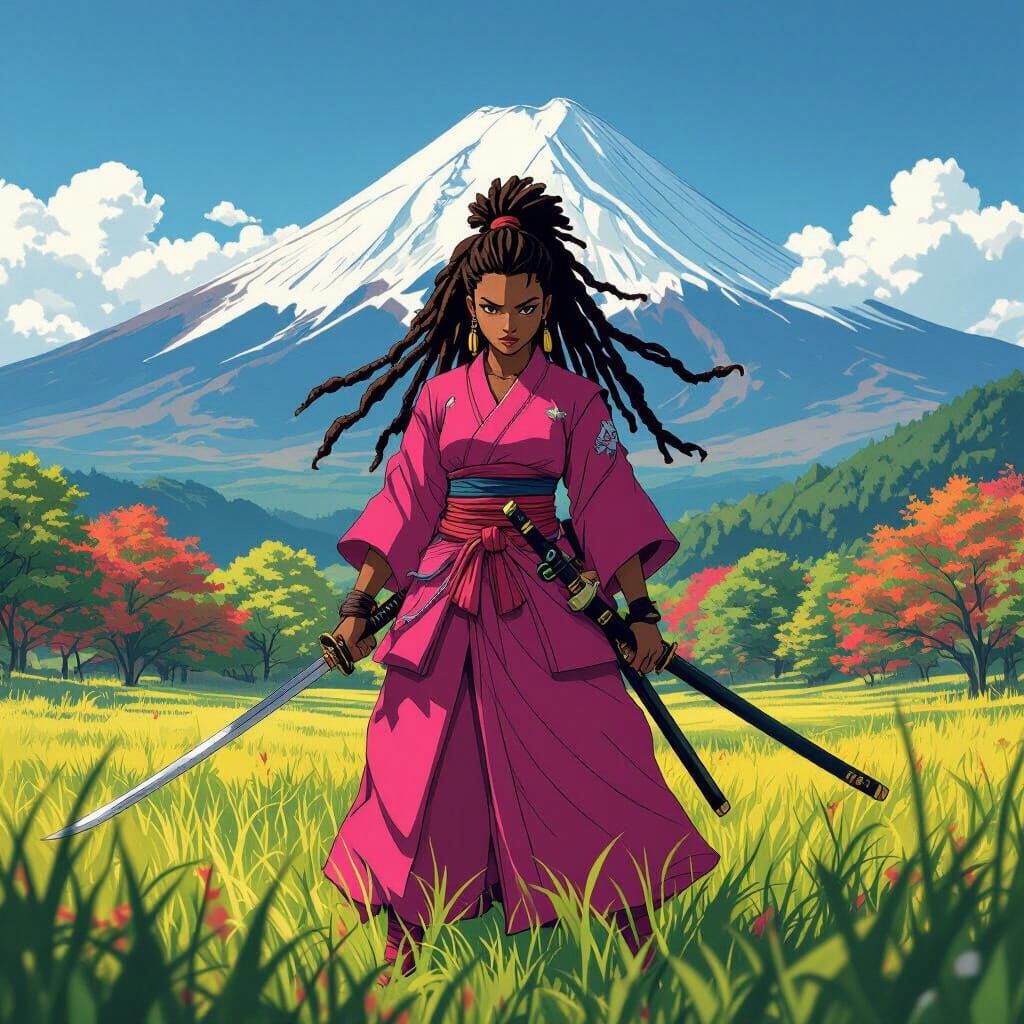 African Samurai Warrior in Pink Robes at Sunset