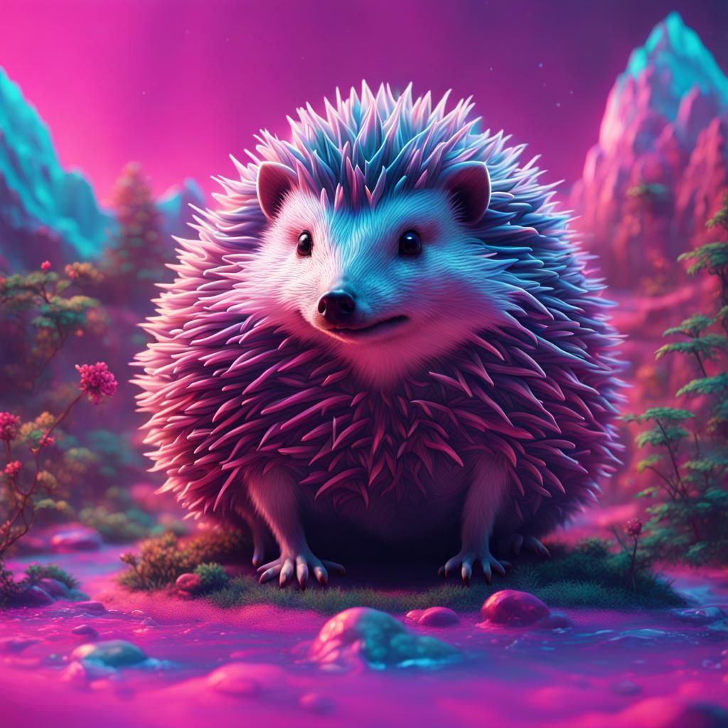 Hedgehog in Vaporwave Style Fantasy Art