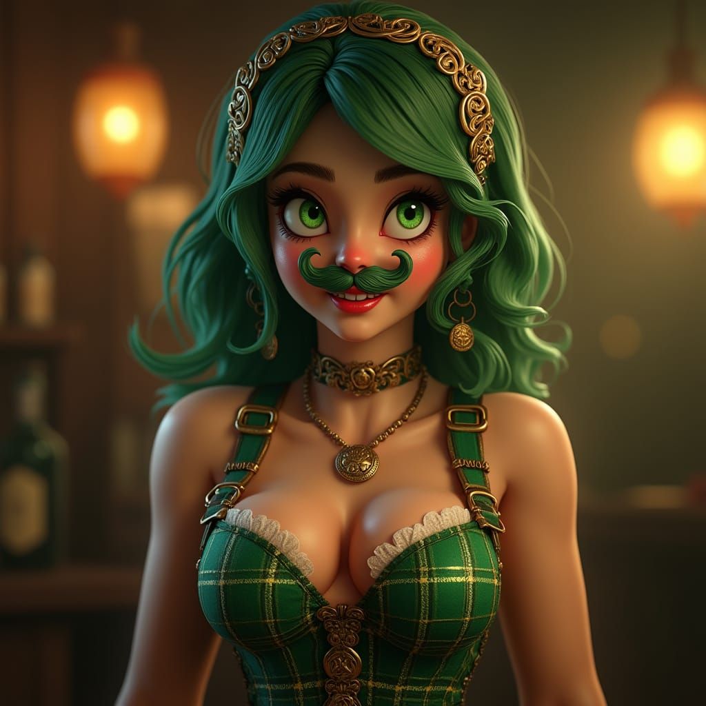 Emerald-Eyed Irish Barmaid in Plaid Dress with Guinness Foam...