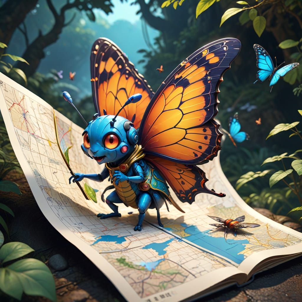 A confused anthropomorphic cartoon insect butterfly reading a map, trying to navigate. detailed matte painting, deep col...