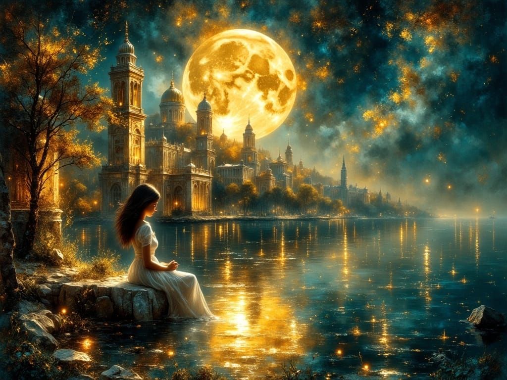 Ethereal Moonlit Cityscape with Girl, in Impressionistic Sty...