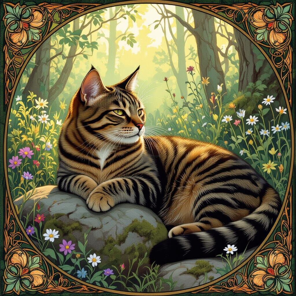Regal Tabby Cat in Art Nouveau Enchanted Forest