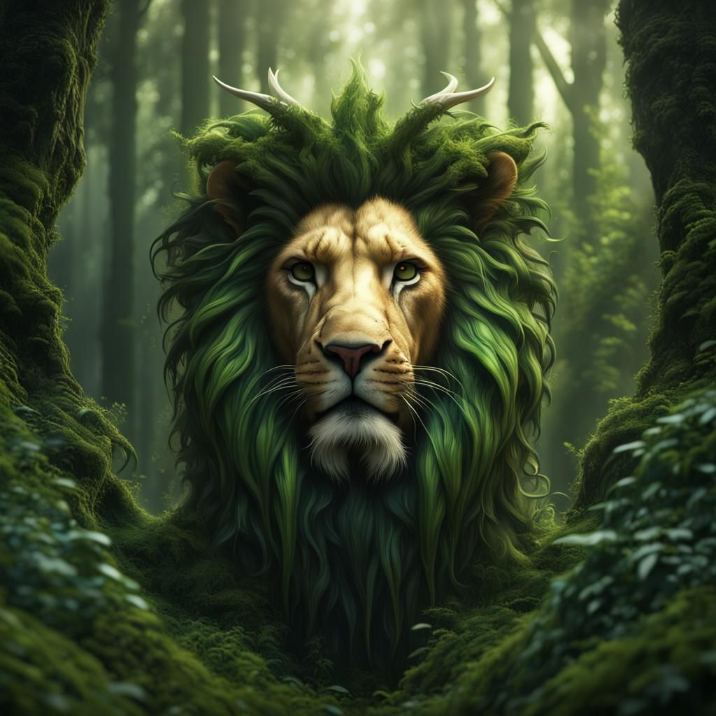 Surreal Lion-Human Hybrid in Emerald Forest